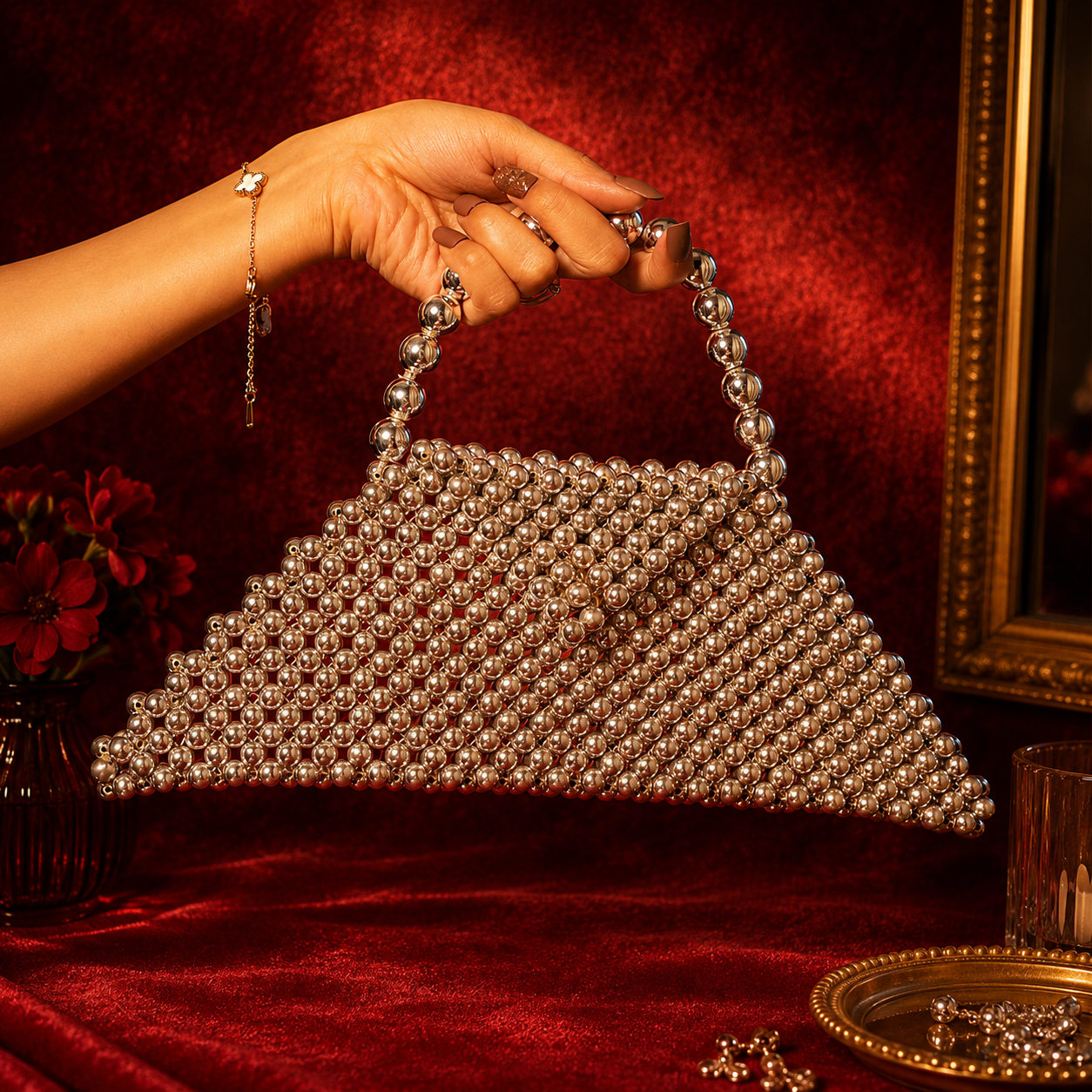 Silver Beaded Clutch Bag