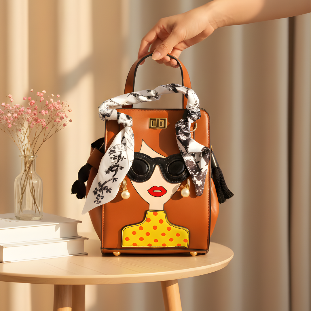 PU Leather 3D Lady Face Top Handle Satchel Handbag