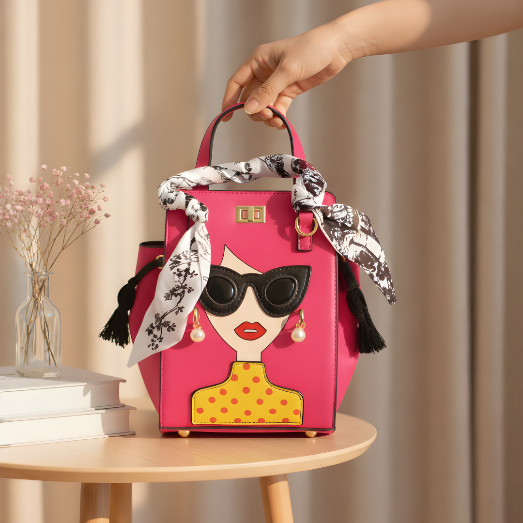 PU Leather 3D Lady Face Top Handle Satchel Handbag