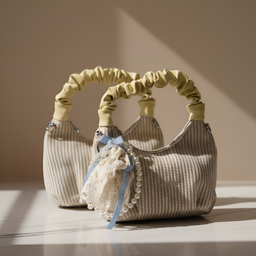 Striped Handbag with a Ruched Yellow Handle