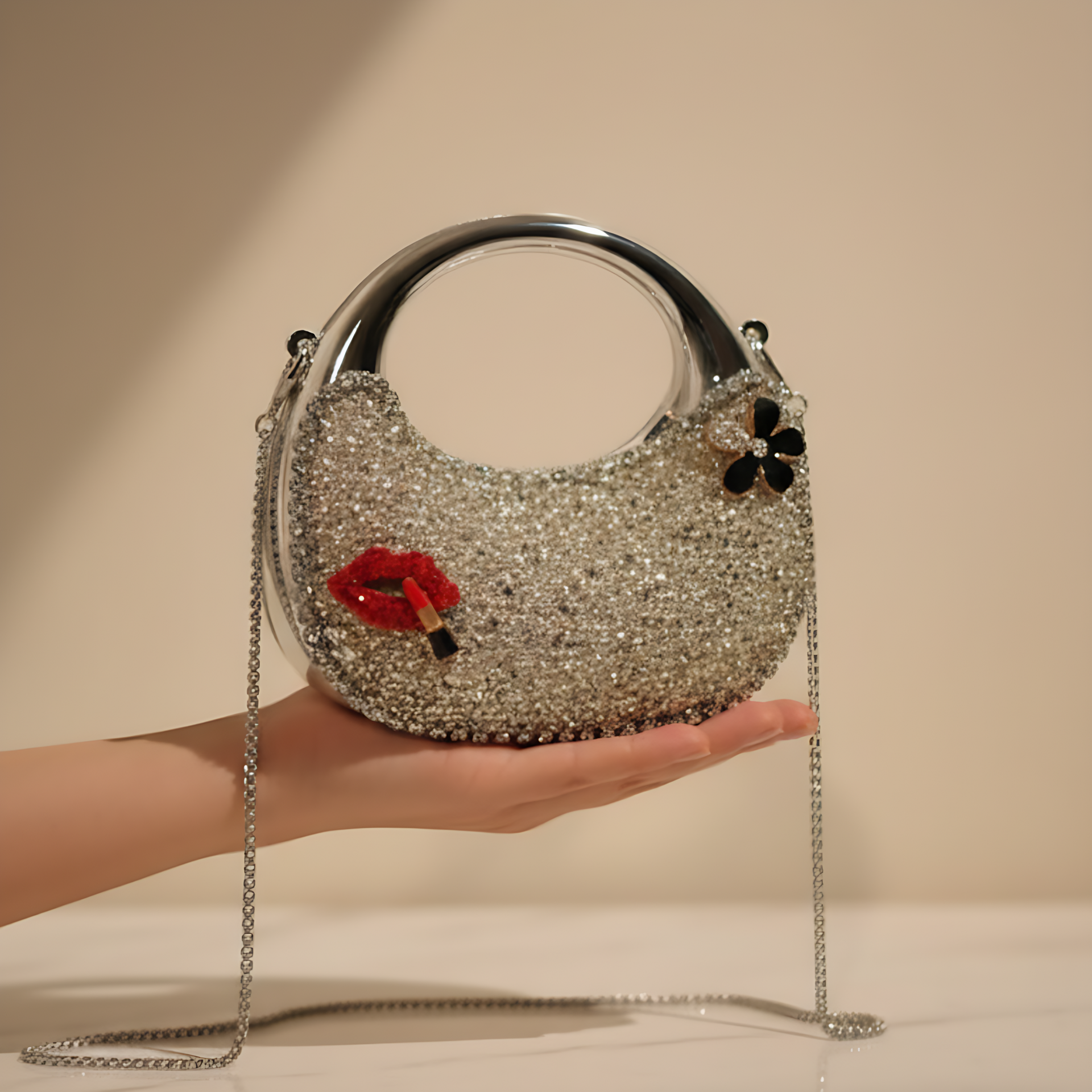 Women Diamond Inlaid Acrylic Luster Half Moon Party Bag