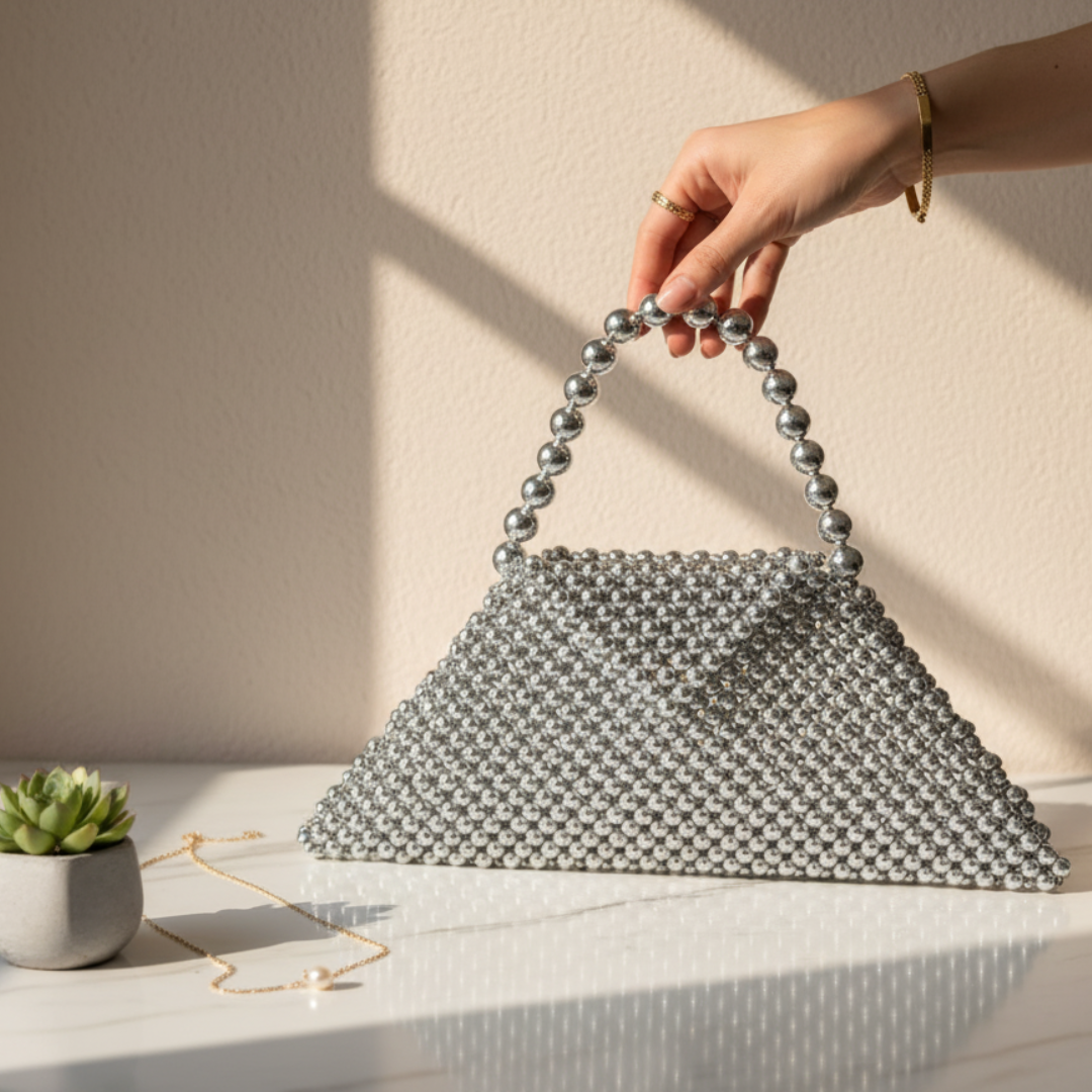 Silver Beaded Clutch Bag